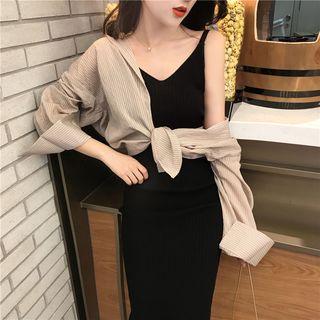 Spaghetti Strap Dress / Pinstripe Long-sleeve Blouse