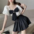 Puff-sleeve Ribbon Blouse / Pleated Mini A-line Skirt / Set