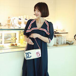 Wide-collar Ruffle-hem Stripe Maxi Dress