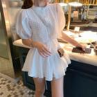 Set: Short-sleeve Lace Panel Button-up Blouse + Shorts