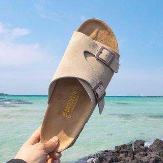 Buckled Faux-suede Slide Sandals