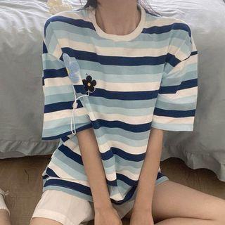 Elbow-sleeve Flower Accent Striped T-shirt