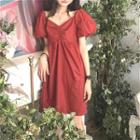 Puff-sleeve Ruffled Plain Dress Red Brown - One Size