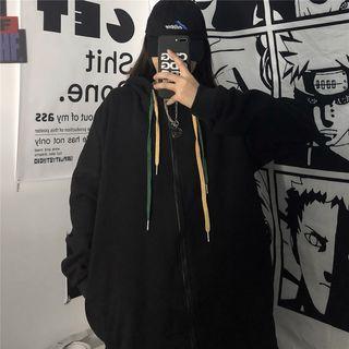 Fleece-lined Contrast Drawstring Hooded Zip Jacket