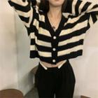 V-neck Striped Cropped Cardigan Striped - Black & White - One Size