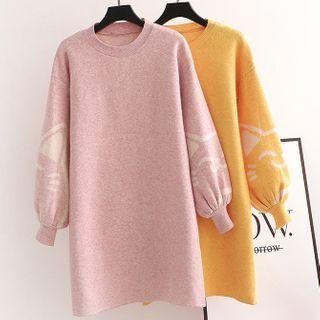Cat Print Lantern-sleeve Knit Dress