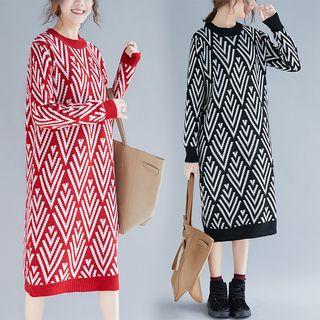 Long-sleeve Pattern Midi Knit Dress