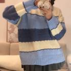 Long-sleeve Striped Knit Sweater Blue - One Size