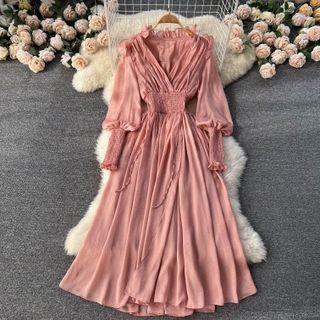 Plain V-neck Ruched Puff-sleeve Dress