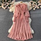 Plain V-neck Ruched Puff-sleeve Dress