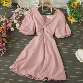 Twist V-neck Puff-sleeve A-line Dress