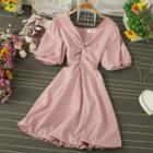 Twist V-neck Puff-sleeve A-line Dress
