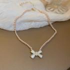 Bow Pendant Faux Pearl Necklace 1pc - Gold & White - One Size