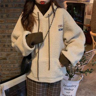 Lettering Embroidered Fleece Hooded Sweatshirt Off-white - One Size