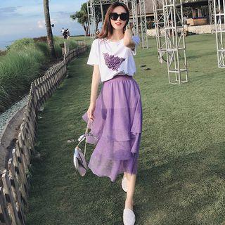 Layered Midi Skirt / Short Sleeve T-shirt / Set