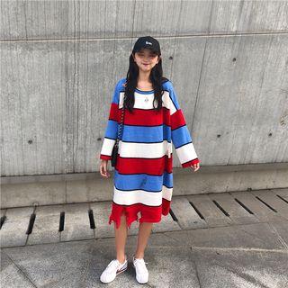 Ripped Long-sleeve Stripe Midi Sweater Dress