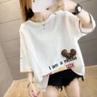 Letter Embroidered Distressed Elbow-sleeve T-shirt