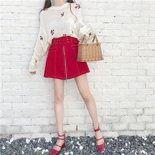 Embroidered Long-sleeve Knit Top / Front Zip A-line Skirt