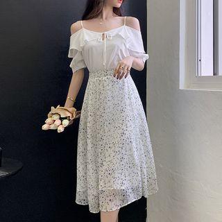 Set: Cold-shoulder Top + Printed Midi A-line Skirt