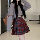 Cropped Zip Hoodie / Plaid Pleated Mini Skirt