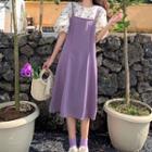 Balloon-sleeve Dotted Blouse / A-line Pinafore Dress