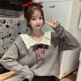 Long-sleeve Plaid Bow Knit Top Gray - One Size