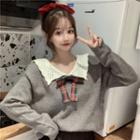 Long-sleeve Plaid Bow Knit Top Gray - One Size