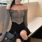 Off-shoulder Asymmetrical Checker Print T-shirt / A-line Skirt