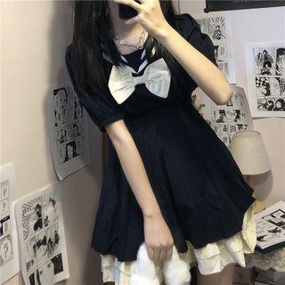 Short-sleeve Sailor Collar Bow Frill Trim A-line Dress