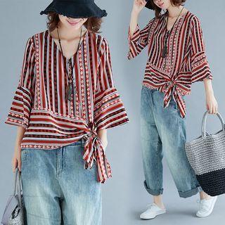 V-neck Striped 3/4-sleeve T-shirt