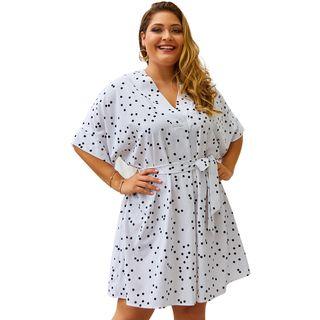 Short-sleeve Dotted Tie-waist Shift Dress