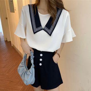 Peter Pan-collar Short Sleeve Blouse / Wide Leg Shorts