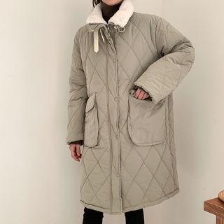 Buckled-neck Quilted Coat Light Khaki - One Size