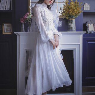 Balloon-sleeve Lace Panel Midi A-line Dress