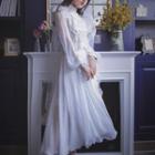 Balloon-sleeve Lace Panel Midi A-line Dress