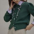 Puff-sleeve Flower-embroidered Cardigan