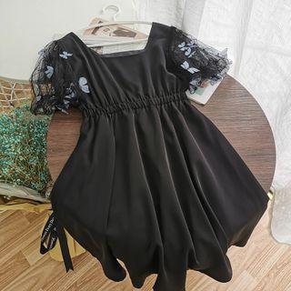 Puff-sleeve Mesh Panel Chiffon Dress