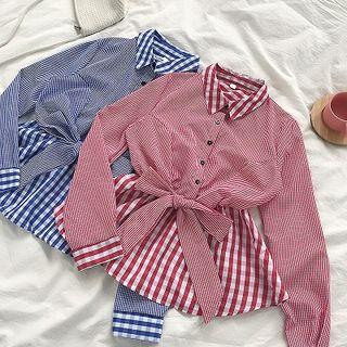Mock Two-piece Plaid Ribbon Blouse