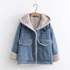 Fish Bone Embroidered Fleece Lined Denim Jacket Blue & Gray - One Size