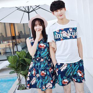 Couple Matching Floral Print Sleeveless Dress / Set: Short-sleeve T-shirt + Shorts