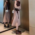 Set: Knit Vest + Long-sleeve Pleated Midi Dress