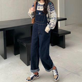 Nordic Patterned Sweater / Wide-leg Denim Dungaree Pants