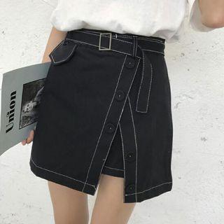Buckled Buttoned Asymmetric Pencil Skirt