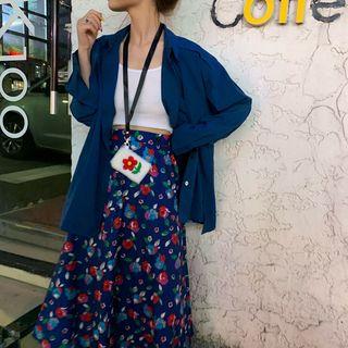Plain Long-sleeve Loose-fit Shirt / Cropped Sleeveless Top / Print Midi Skirt