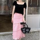 Short-sleeve Square Neck Blouse / Floral Midi Skirt