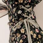Elbow-sleeve Lace-up Floral Pattern A-line Dress
