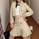 Crop Shirt Jacket / Pleated Mini A-line Skirt