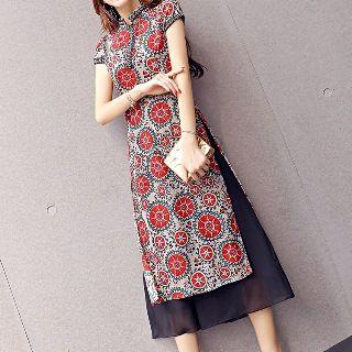 Set: Stand Collar Patterned Midi Dress + Wide-leg Pants