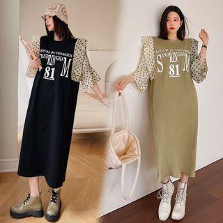 Elbow-sleeve Dotted Panel Lettering Midi T-shirt Dress