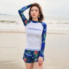 Set: Floral Print Long-sleeve Swim Top + Swim Shorts